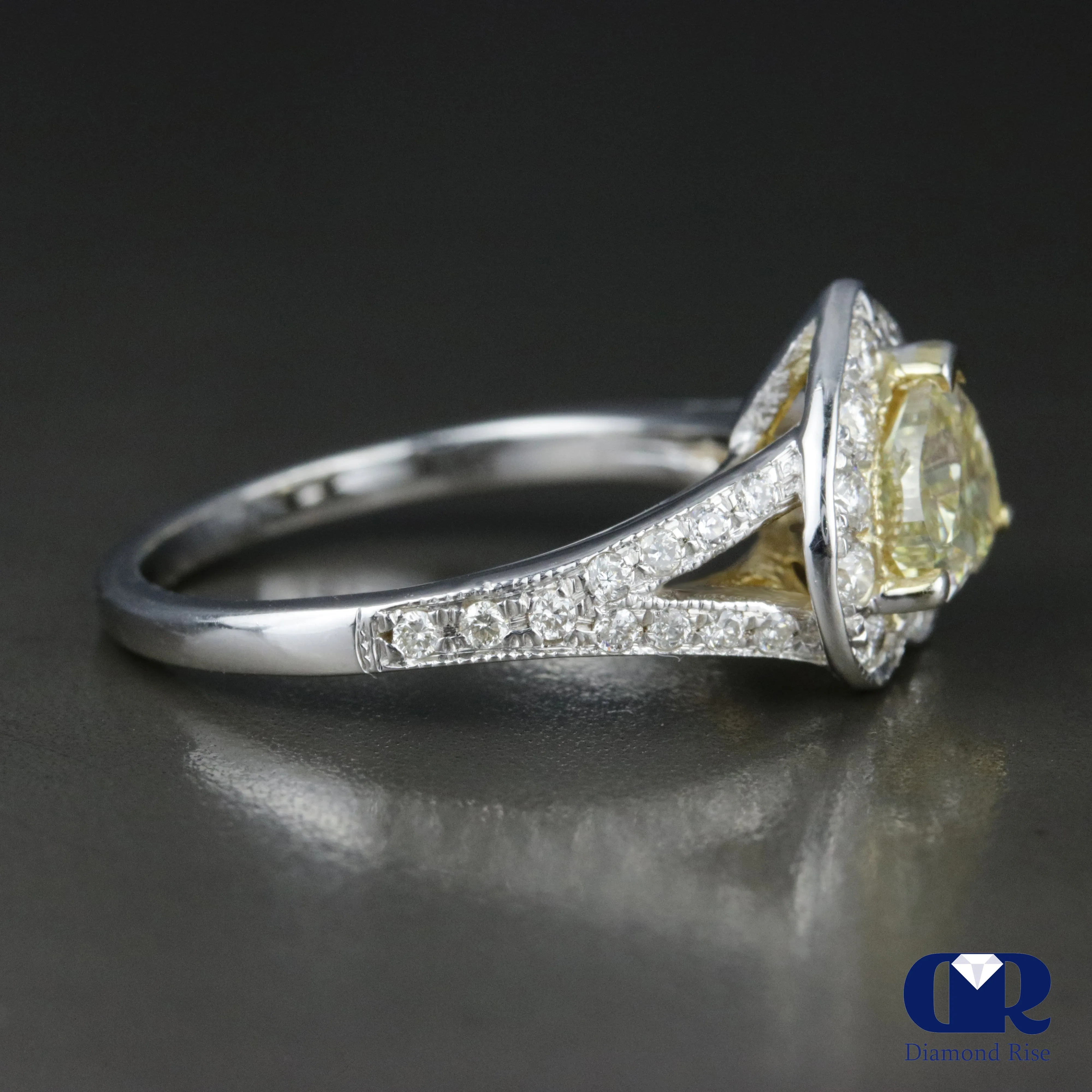 1.20 Carat Heart Shaped Fancy Yellow Diamond Halo Engagement Ring 14K White Gold