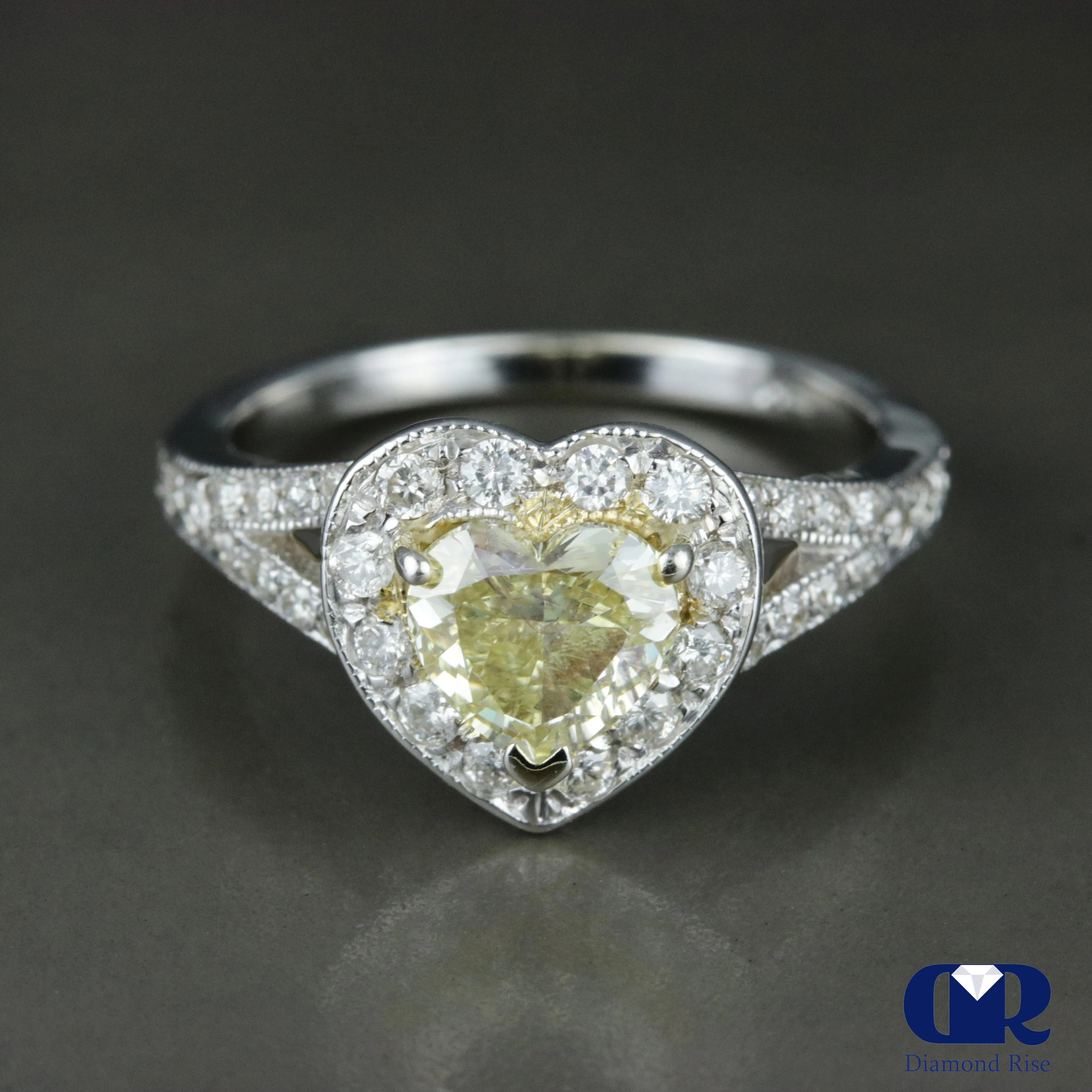 1.20 Carat Heart Shaped Fancy Yellow Diamond Halo Engagement Ring 14K White Gold