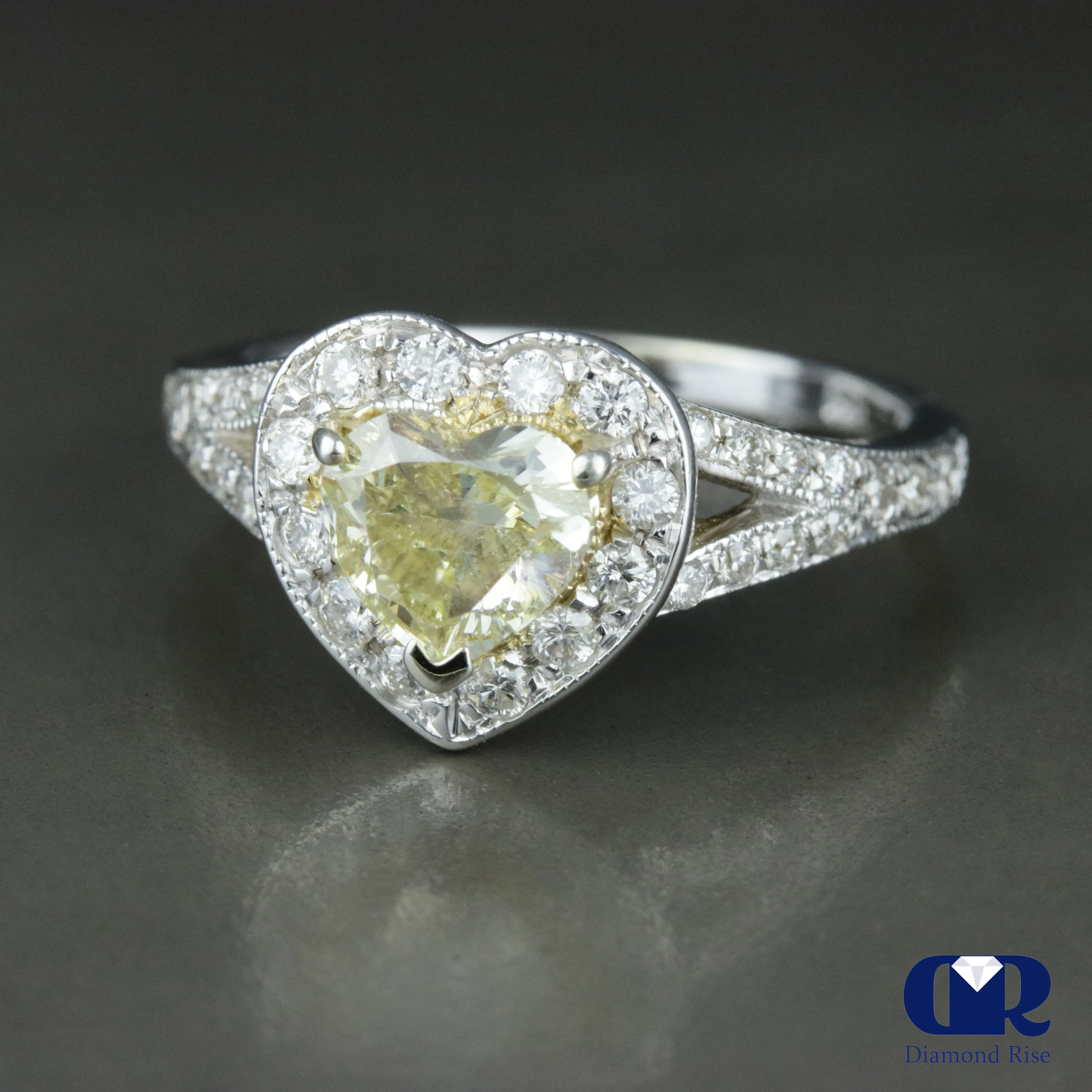 1.20 Carat Heart Shaped Fancy Yellow Diamond Halo Engagement Ring 14K White Gold