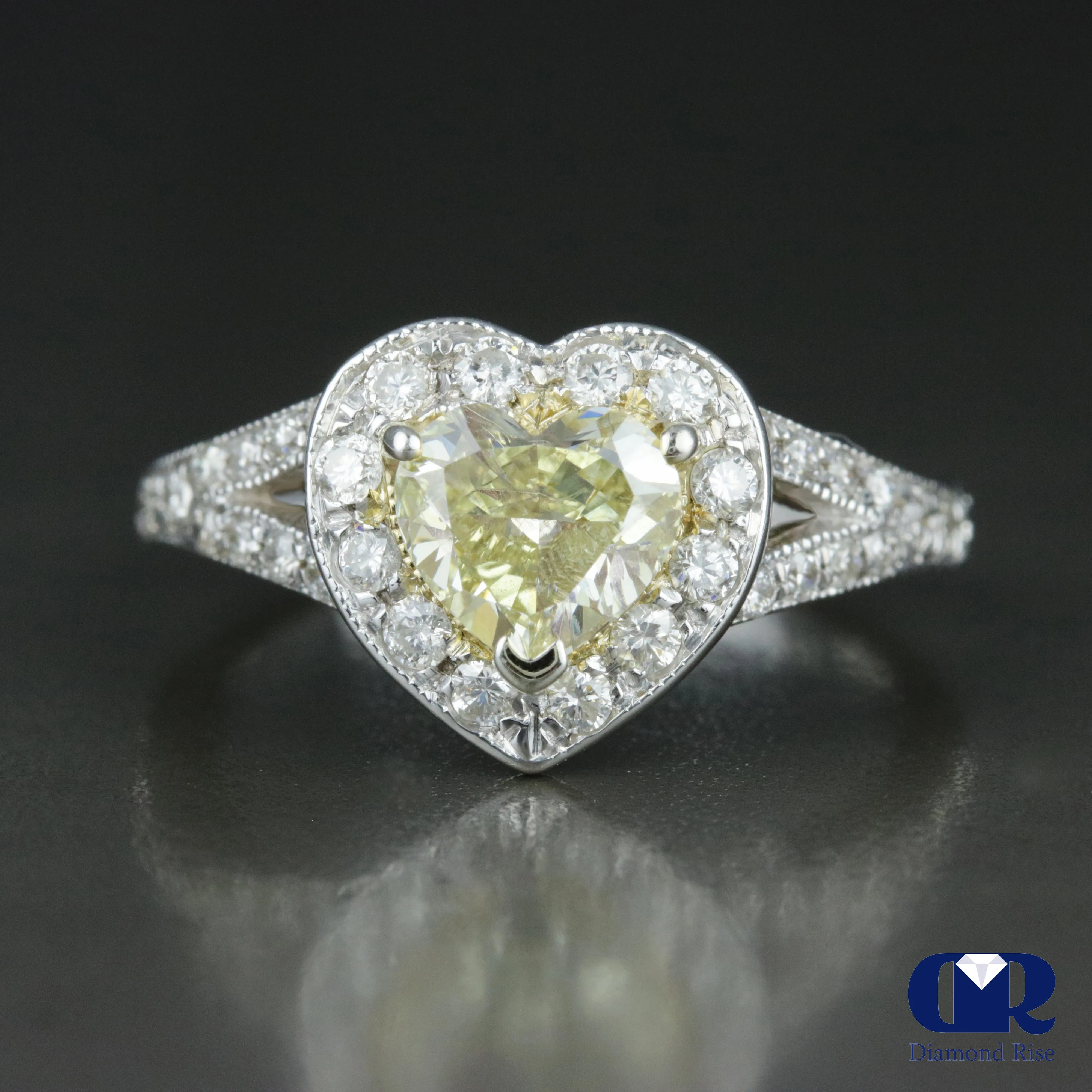 1.20 Carat Heart Shaped Fancy Yellow Diamond Halo Engagement Ring 14K White Gold