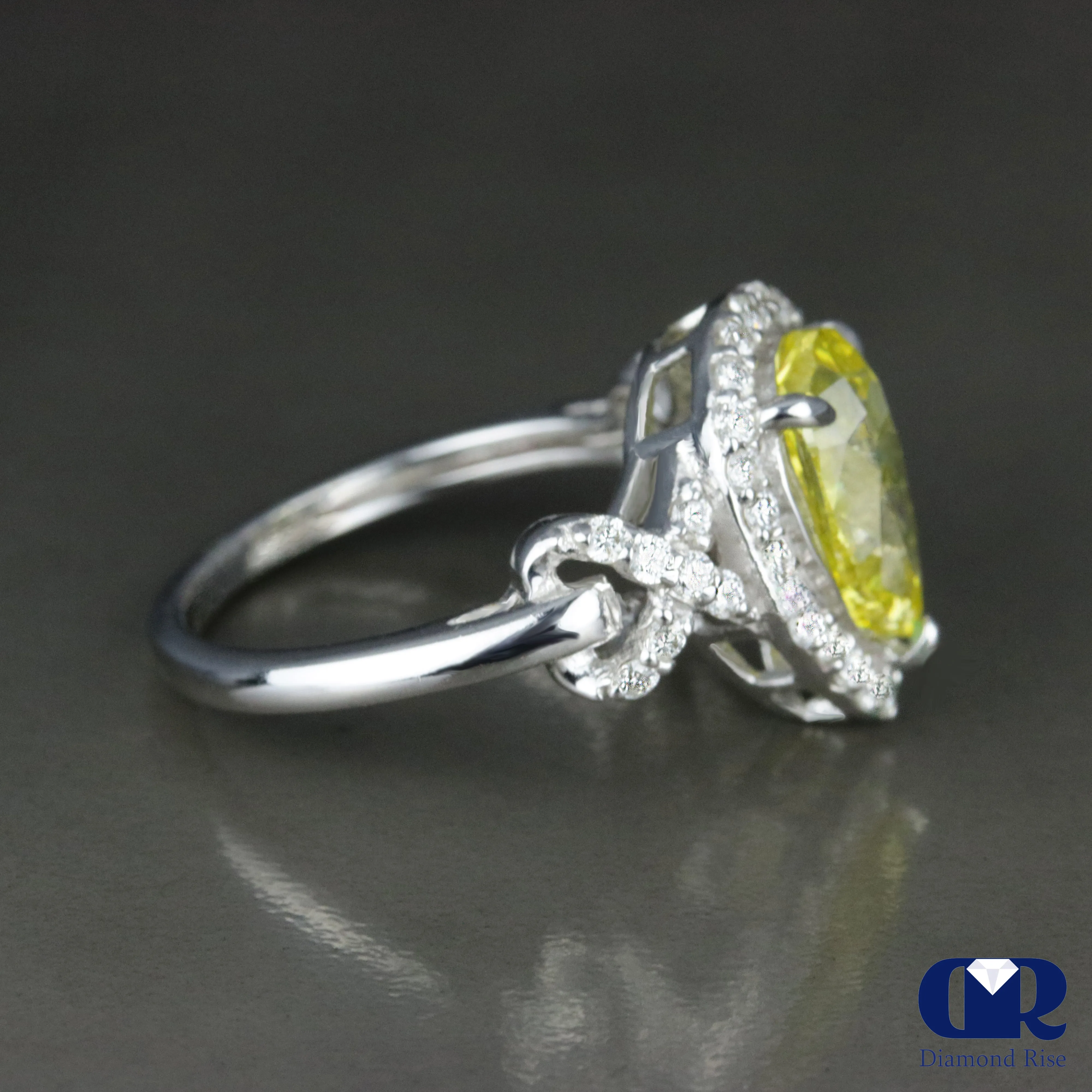 2.85 Carat Fancy Yellow Pear Cut Diamond Halo Engagement Ring In 14K White Gold