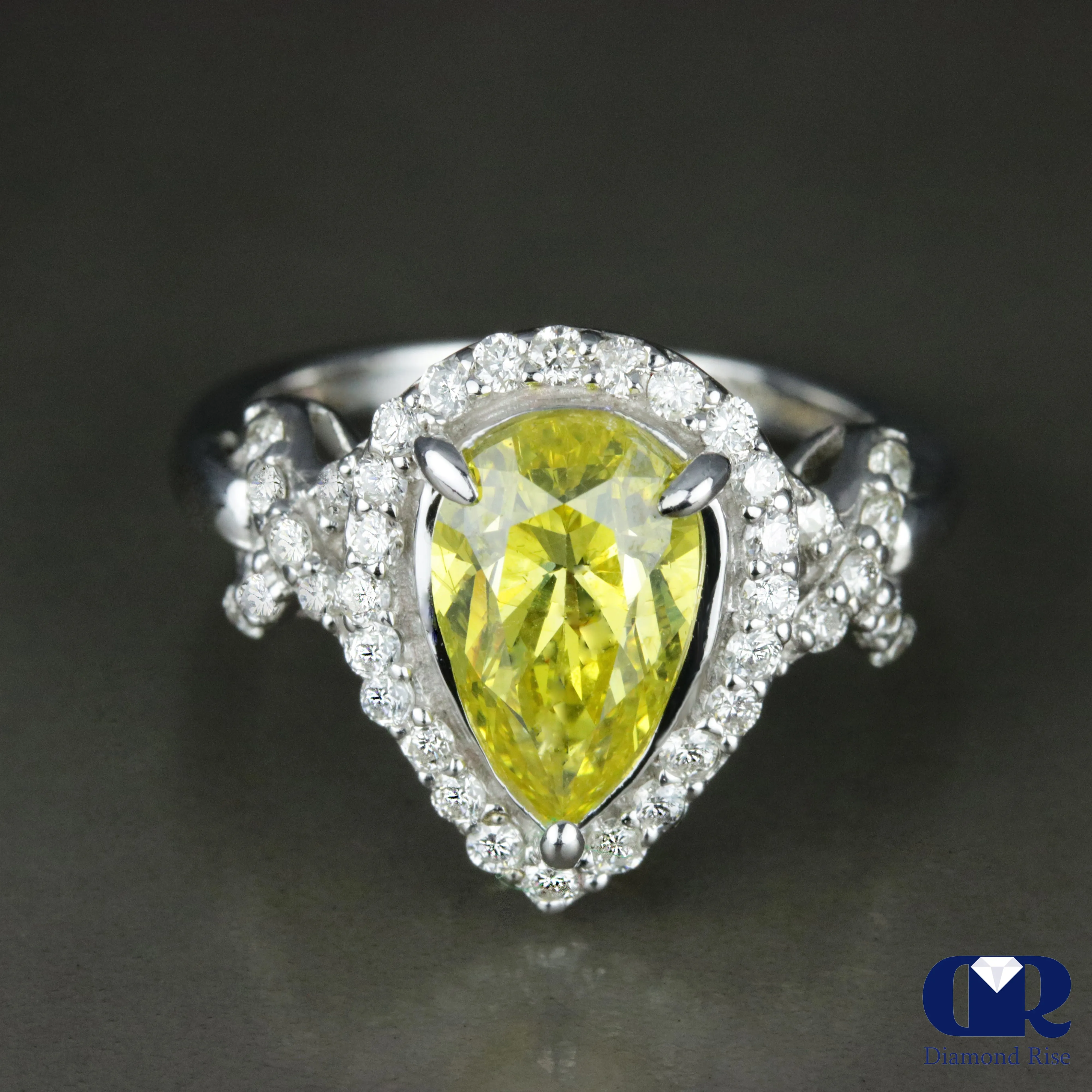 2.85 Carat Fancy Yellow Pear Cut Diamond Halo Engagement Ring In 14K White Gold