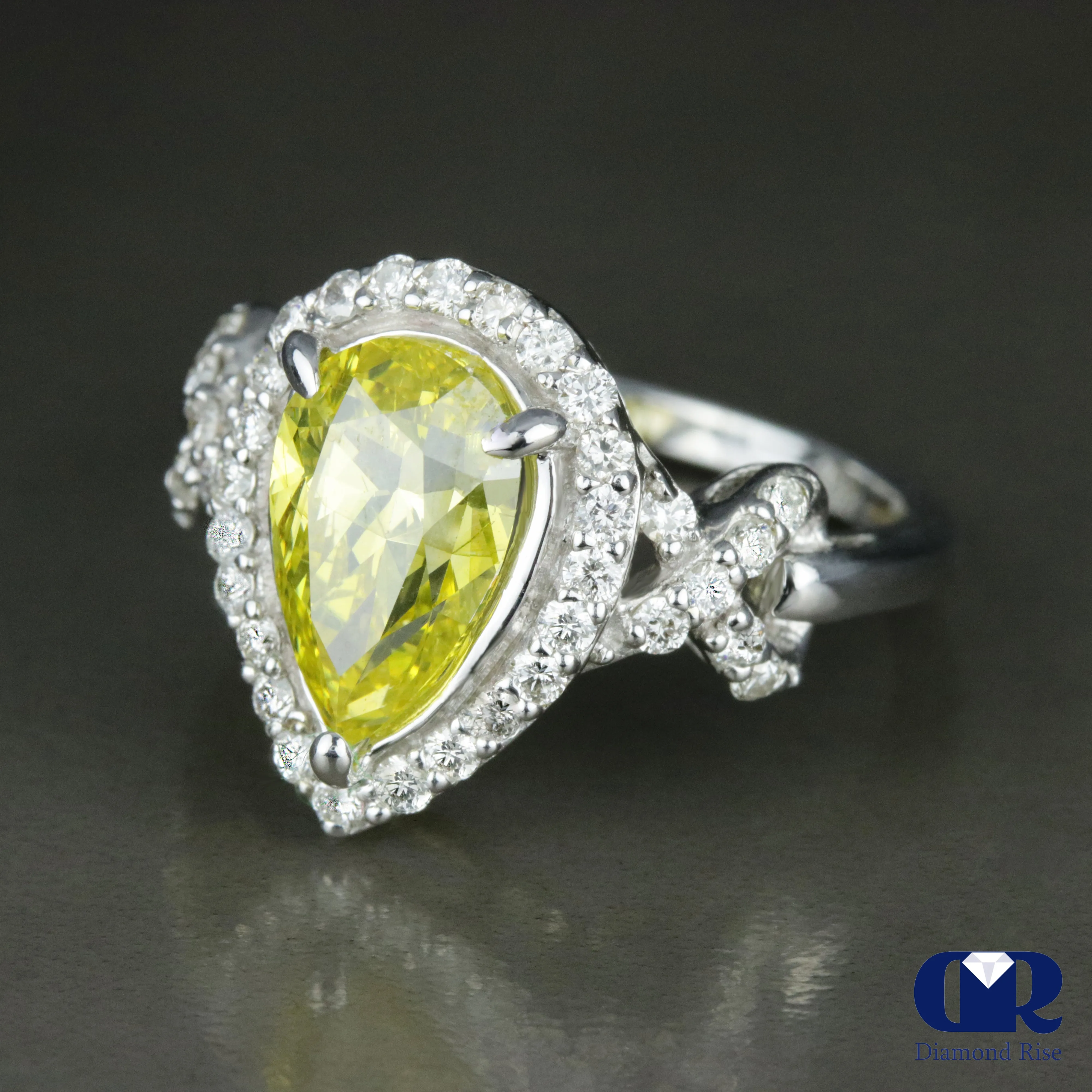2.85 Carat Fancy Yellow Pear Cut Diamond Halo Engagement Ring In 14K White Gold