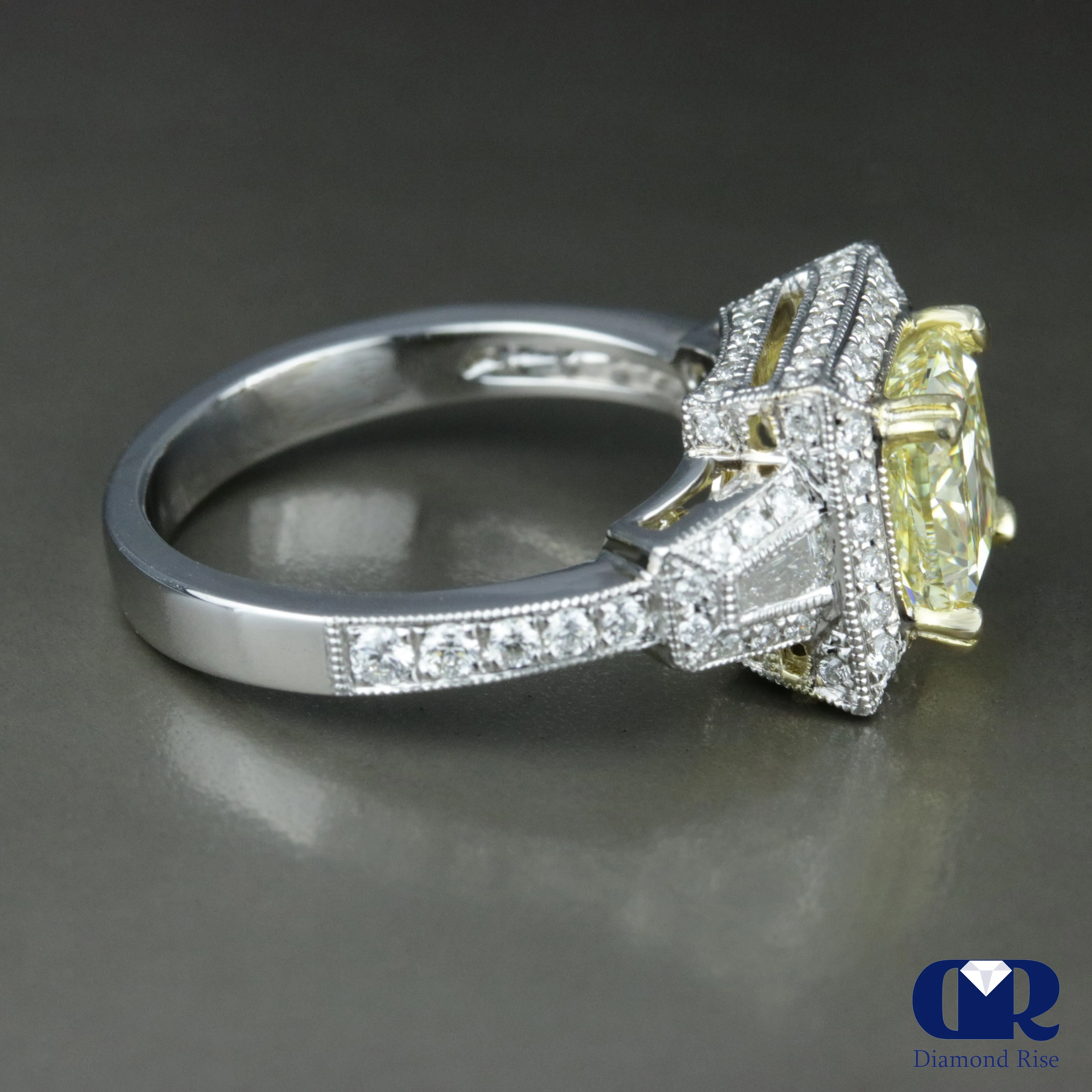 3.07 Carat Fancy Yellow Radiant Cut Diamond Halo Engagement Ring In 18K White Gold