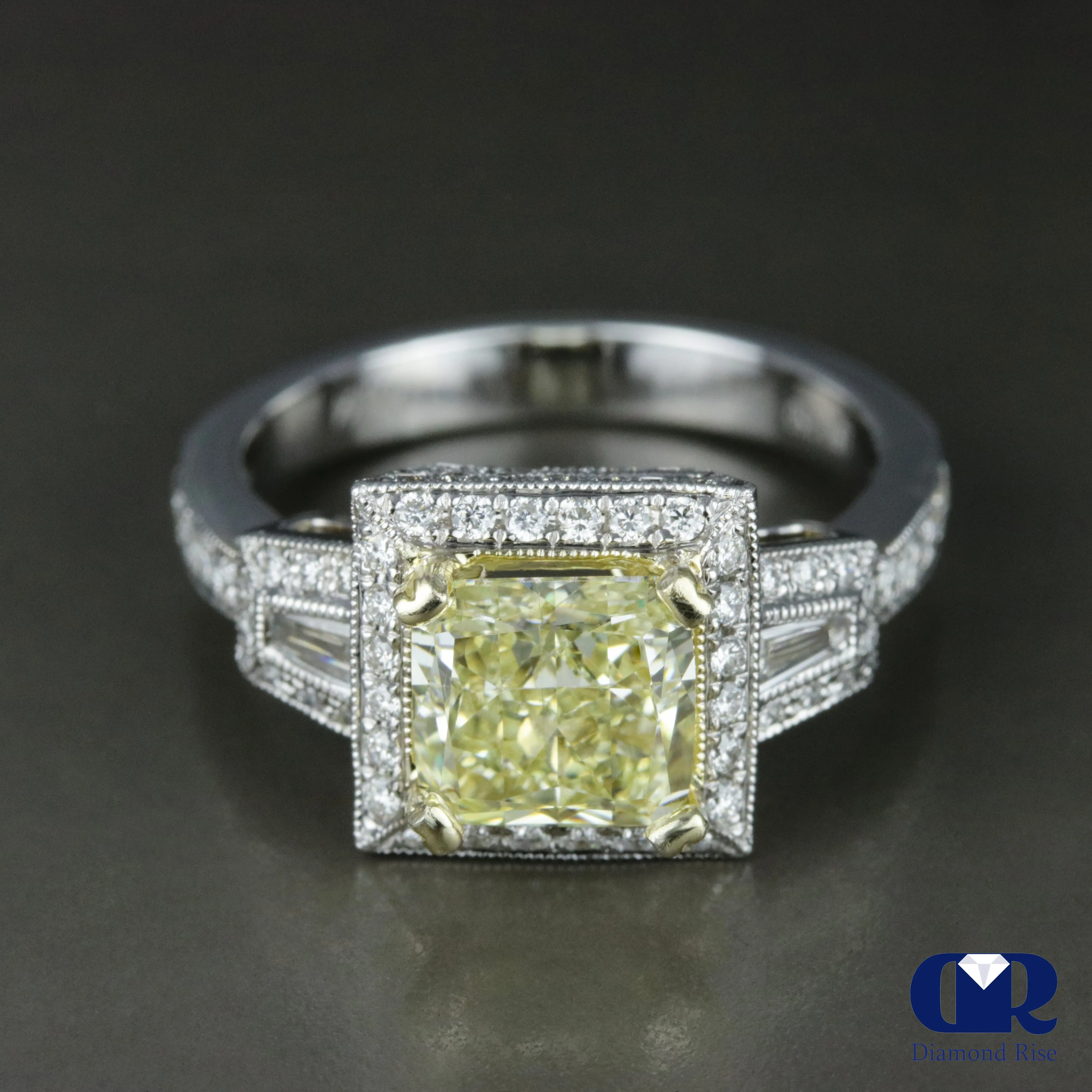 3.07 Carat Fancy Yellow Radiant Cut Diamond Halo Engagement Ring In 18K White Gold