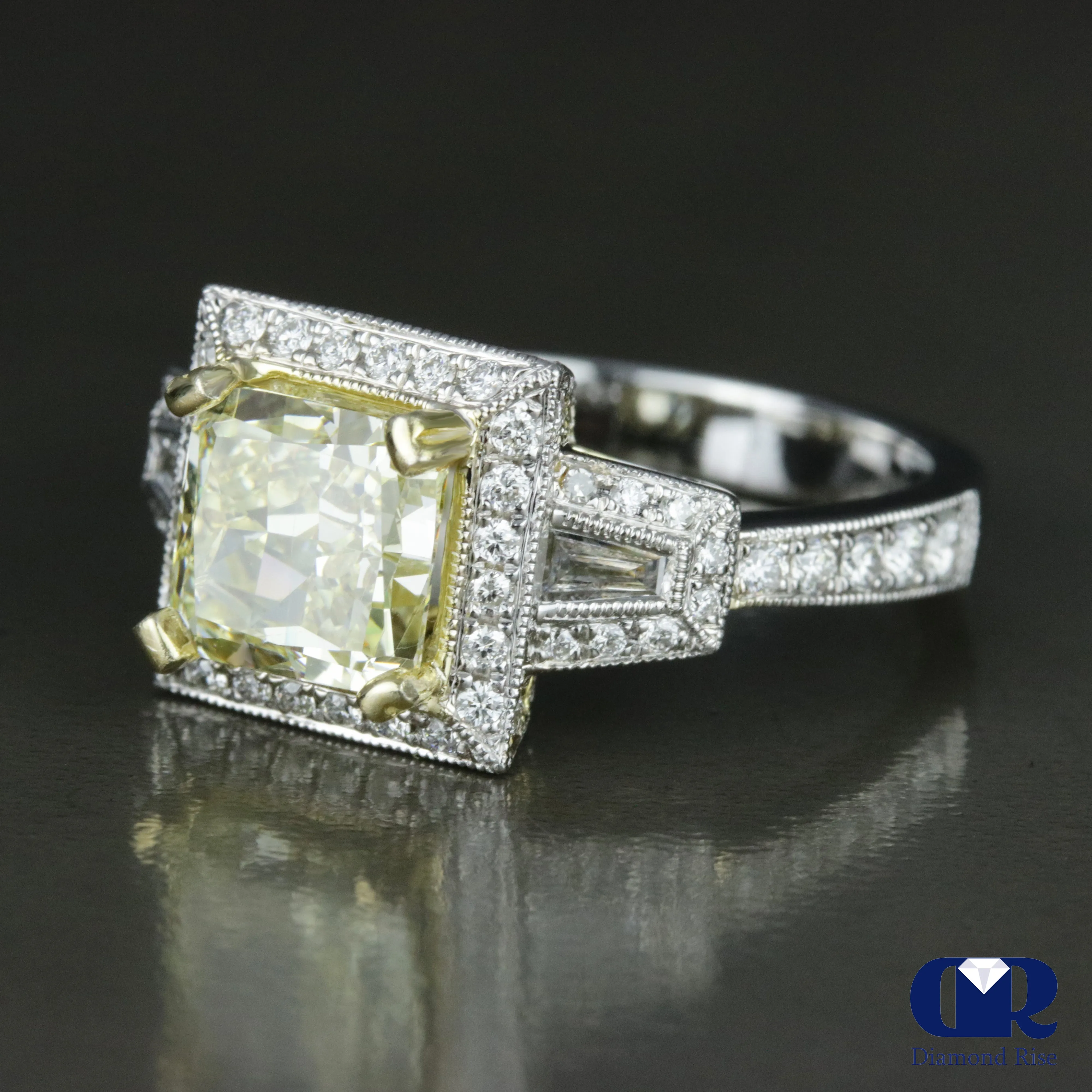 3.07 Carat Fancy Yellow Radiant Cut Diamond Halo Engagement Ring In 18K White Gold