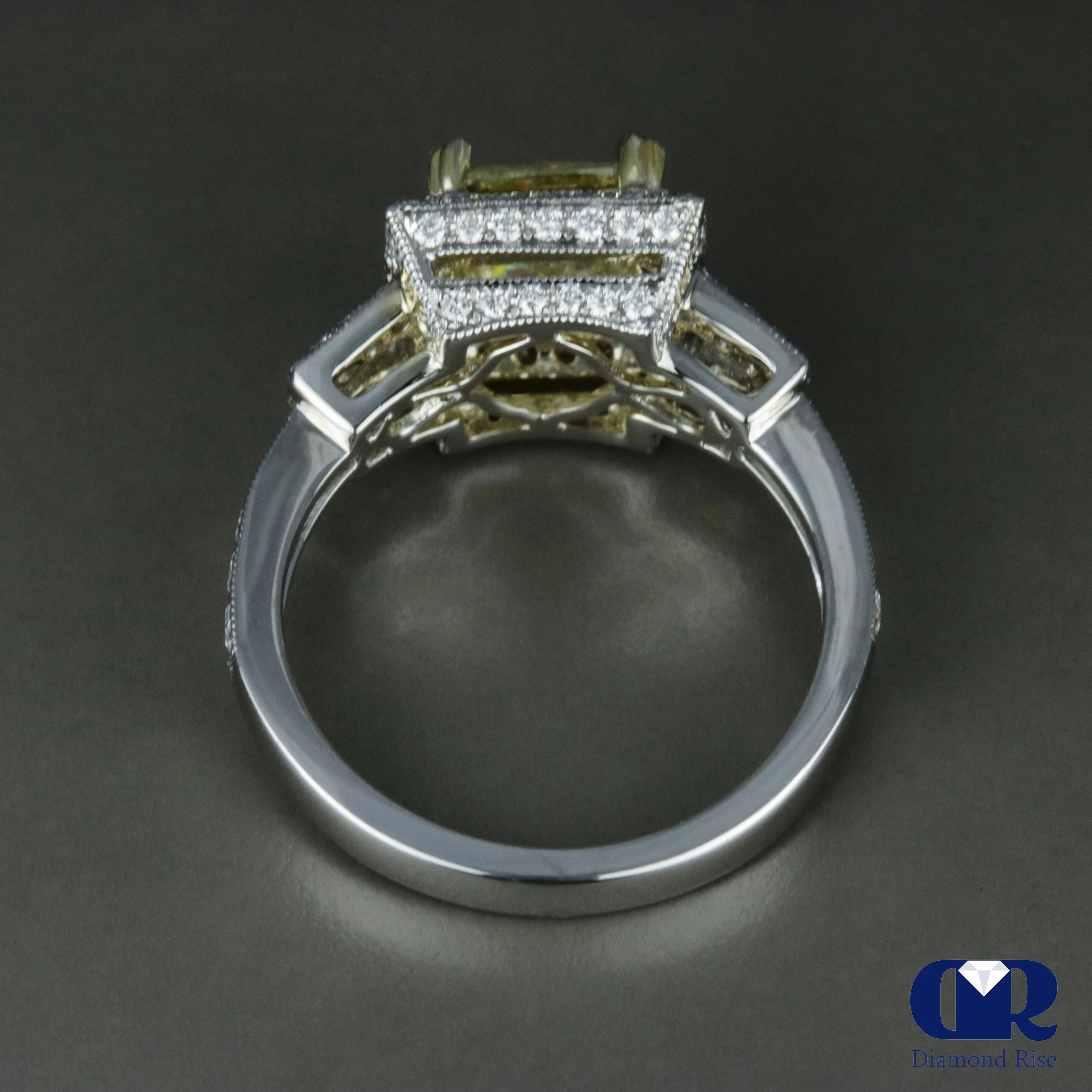 3.07 Carat Fancy Yellow Radiant Cut Diamond Halo Engagement Ring In 18K White Gold