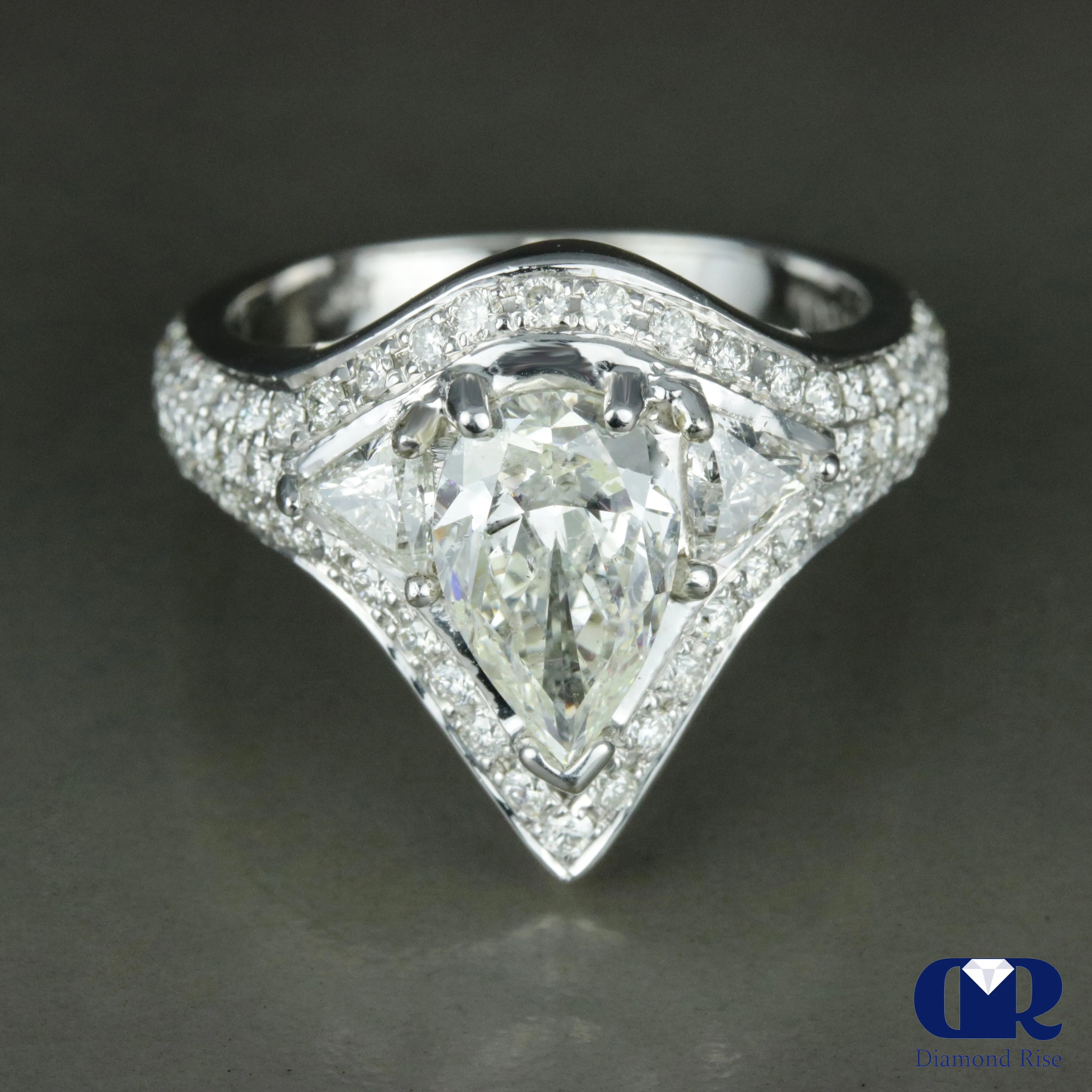 3.75 Carat Pear Cut Diamond Halo Engagement Ring In 14K White Gold