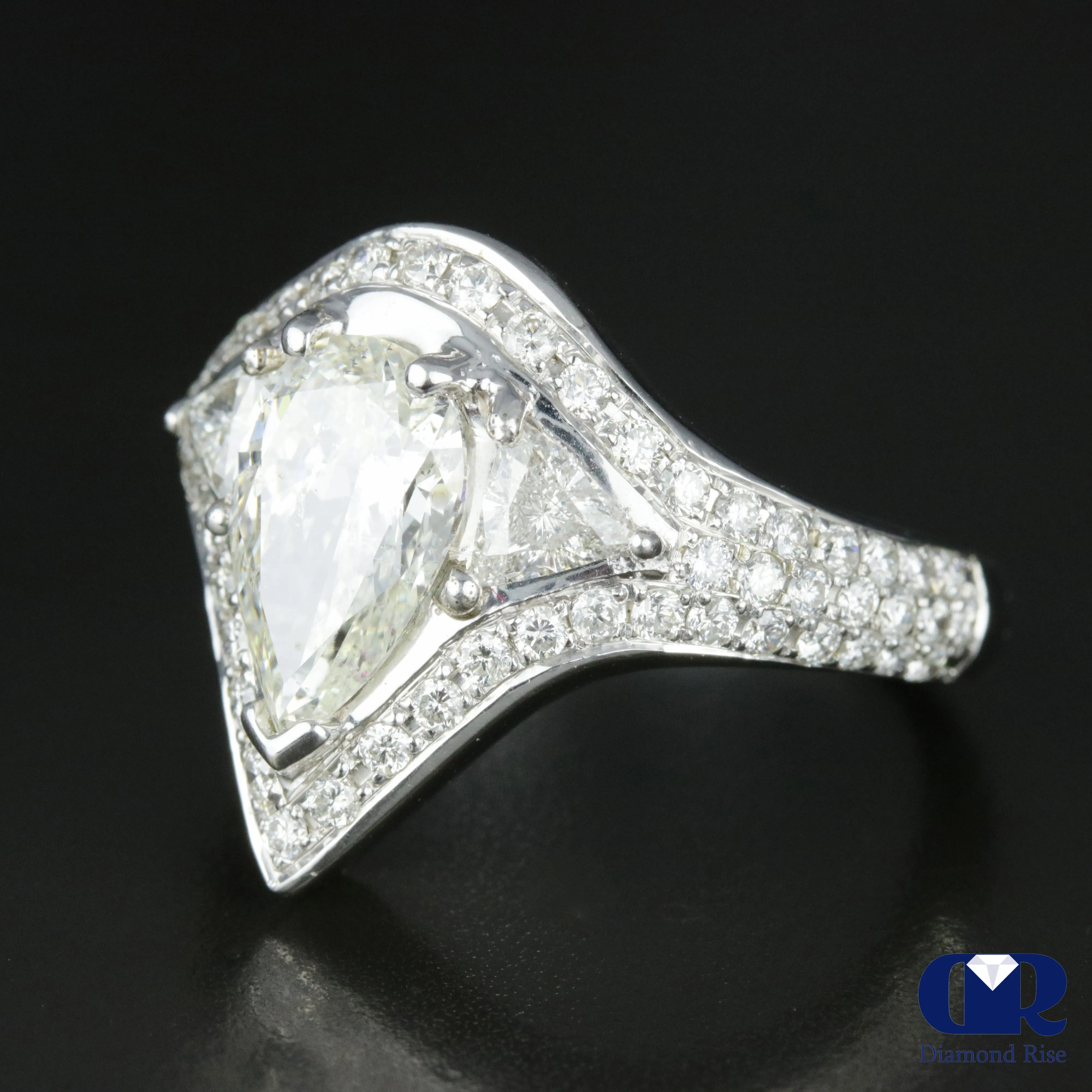 3.75 Carat Pear Cut Diamond Halo Engagement Ring In 14K White Gold