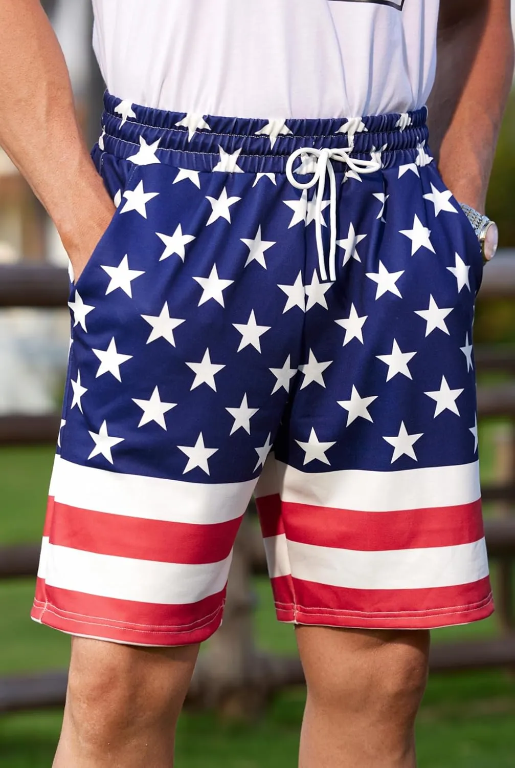 Arvilhill Men American Flag Shorts Patriotic Stars Stripes SweatShorts with Elastic Waistband (S-3XL)