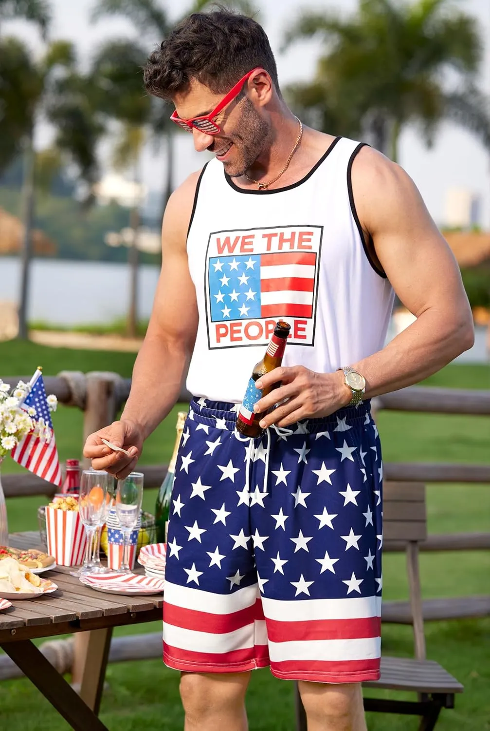 Arvilhill Men American Flag Shorts Patriotic Stars Stripes SweatShorts with Elastic Waistband (S-3XL)