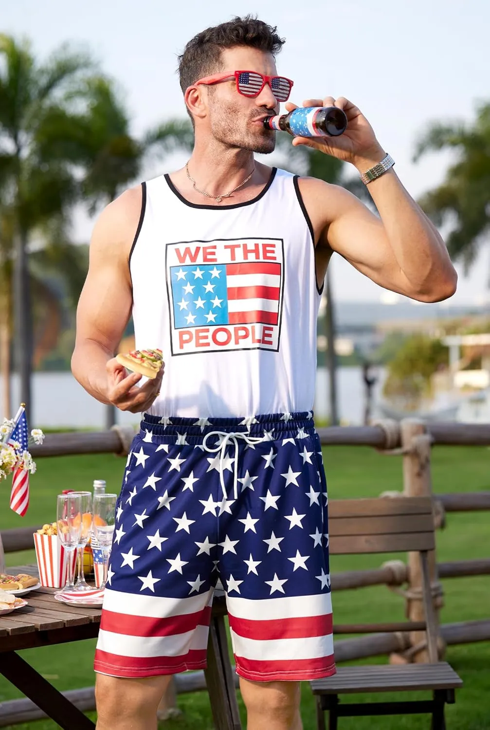 Arvilhill Men American Flag Shorts Patriotic Stars Stripes SweatShorts with Elastic Waistband (S-3XL)