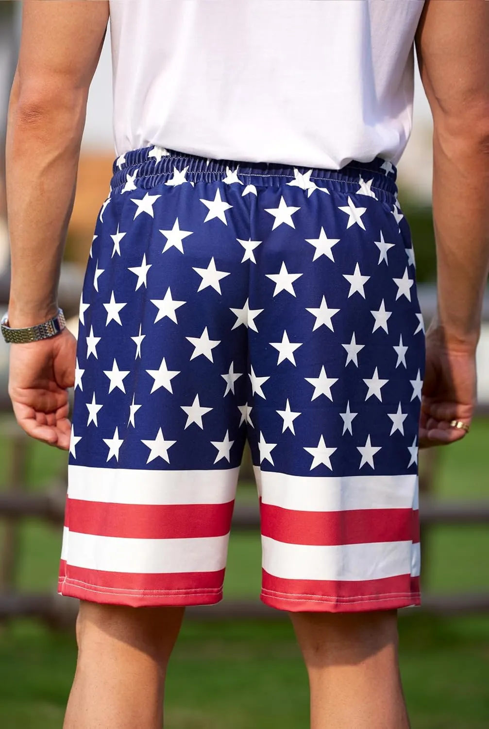 Arvilhill Men American Flag Shorts Patriotic Stars Stripes SweatShorts with Elastic Waistband (S-3XL)