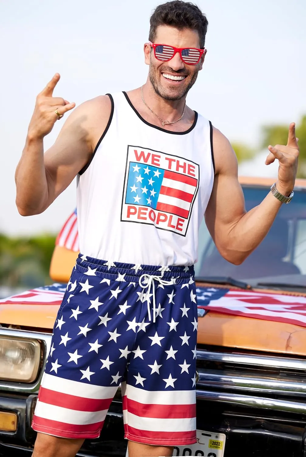 Arvilhill Men American Flag Shorts Patriotic Stars Stripes SweatShorts with Elastic Waistband (S-3XL)