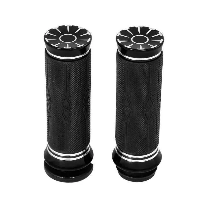 Attitude Inc Handlebar Hand Grips, Black CNC Machine/ Rubber Gel Grip, 1 in, Handlebar, For Harley Softail Deluxe Low Rider, Pair