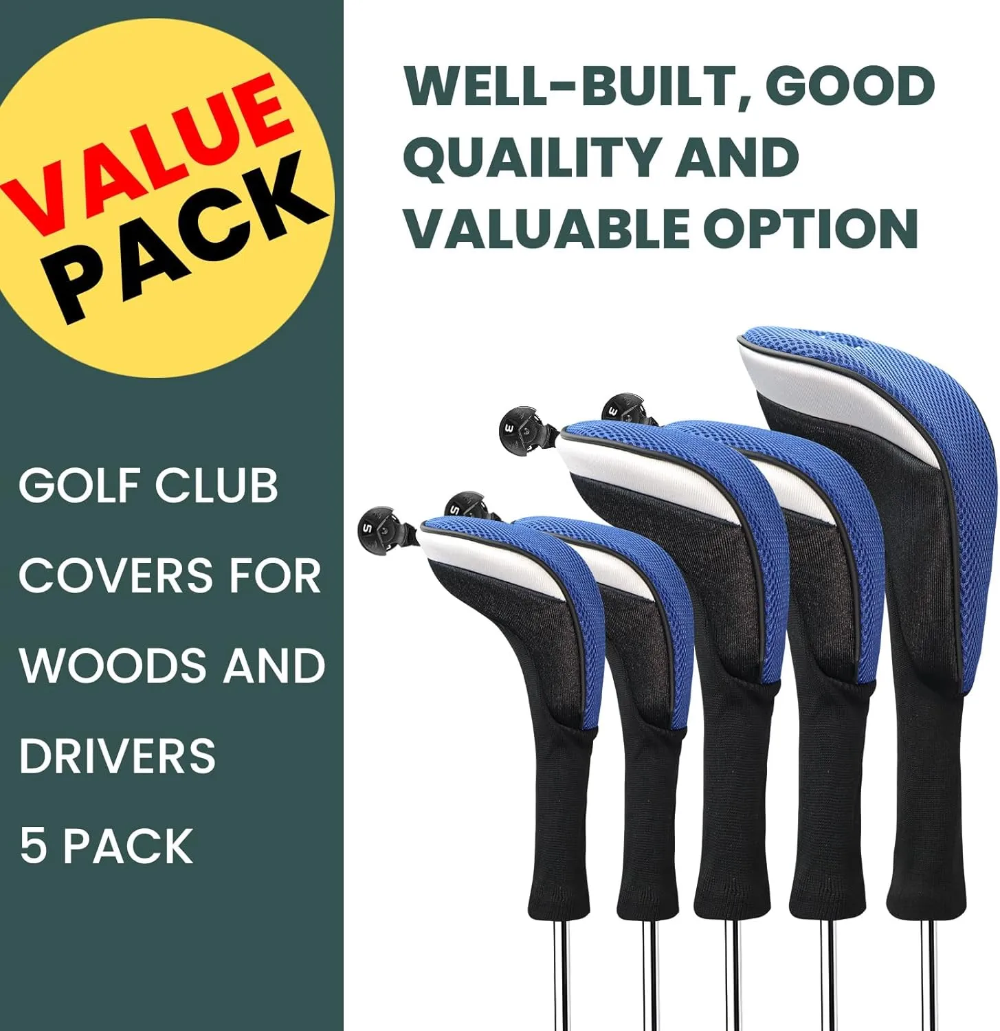 FINGER TEN Golf Club Head Covers Woods Driver Fairway Hybrid 3/4/5 Set, Headcovers Men 1 3 5 7 X Interchangeable Number Tag, Fit All Wood Clubs