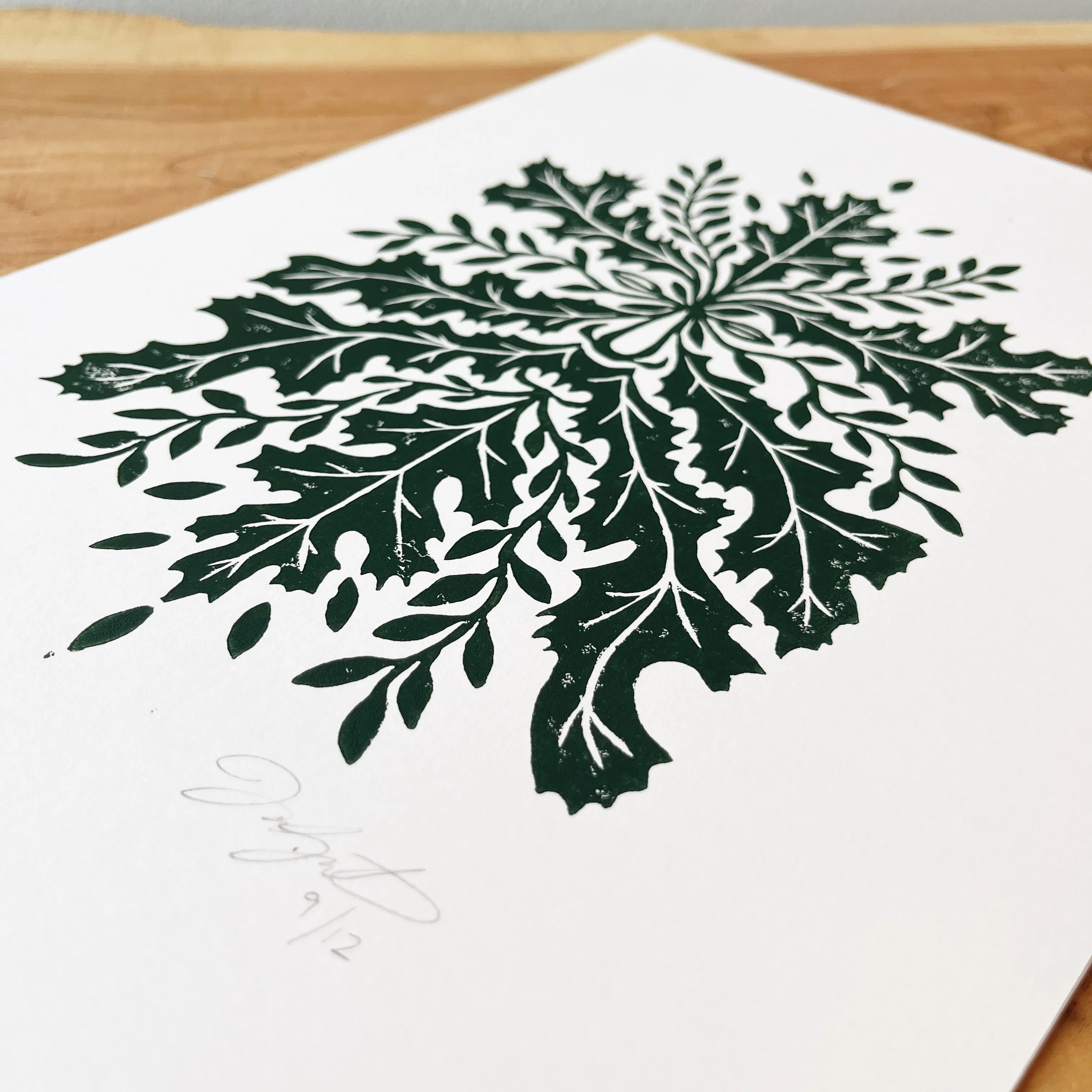 Green Man Linocut Art Print - Green on White