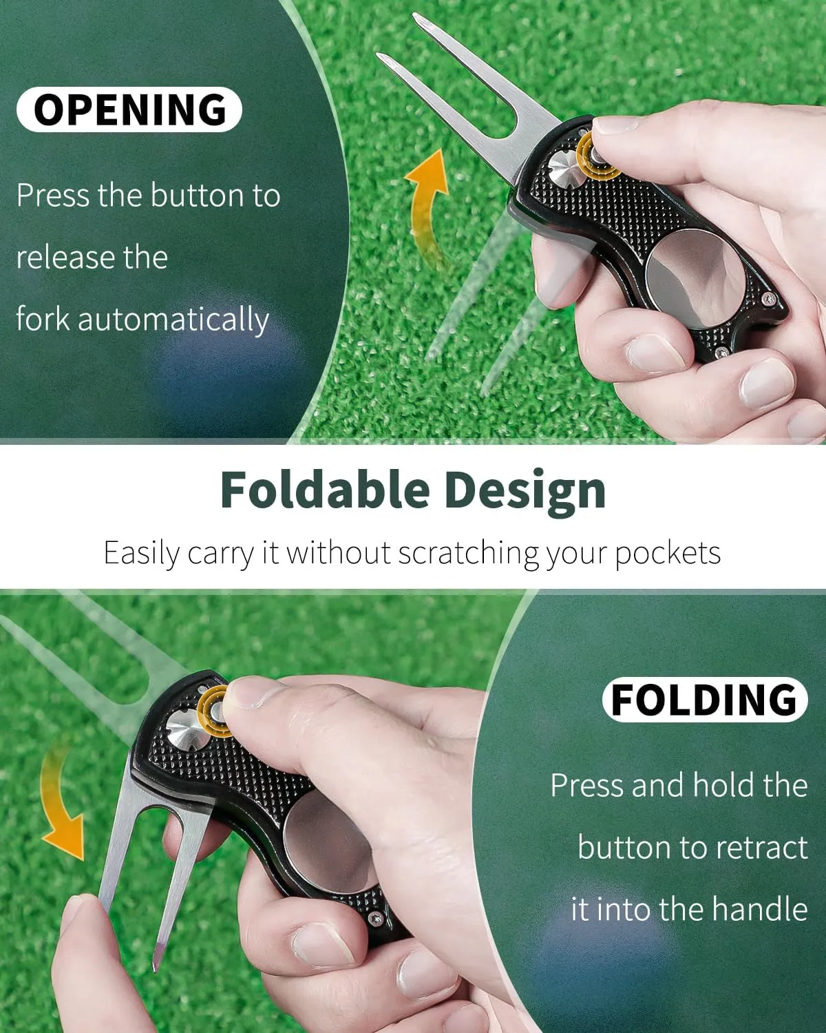 GreenHaven 2-6 Pack Golf Divot Repair Tool for Golfers Foldable Metal Green Tool with Magnetic Putt Alignment Ball Marker Pop-up Fork Tine with Sturdy Aluminum Alloy Handle