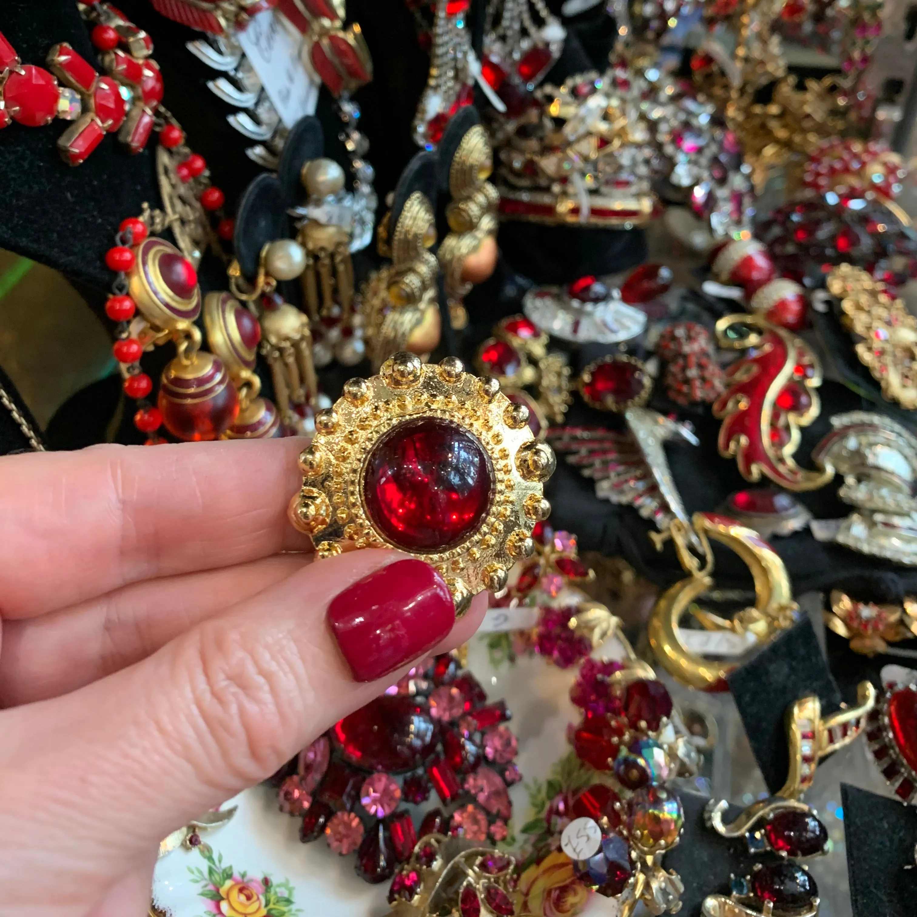 Large red and gold vintage glass clip on earrings beaded dot trim
