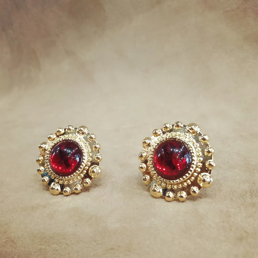 Large red and gold vintage glass clip on earrings beaded dot trim