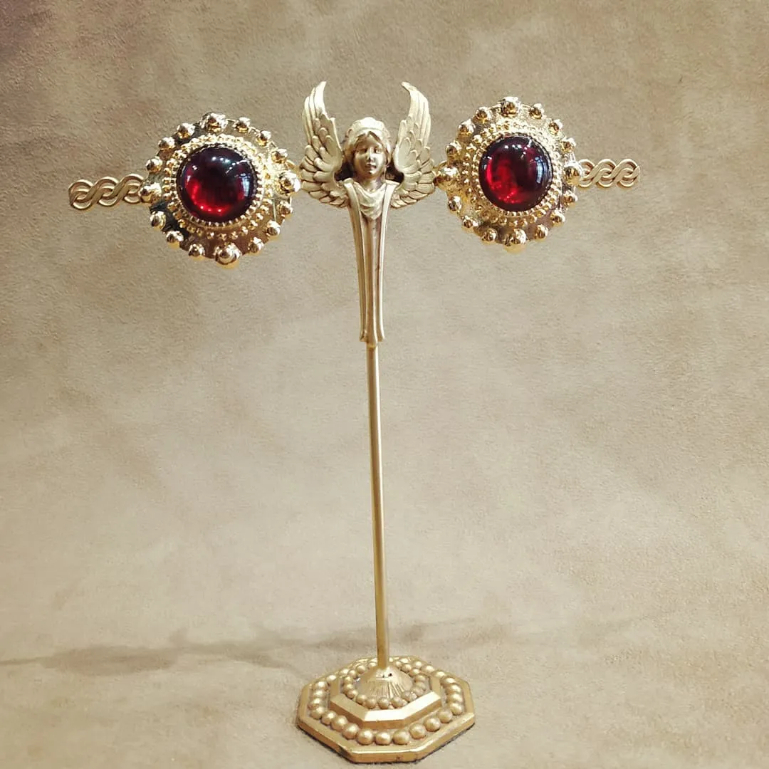 Large red and gold vintage glass clip on earrings beaded dot trim
