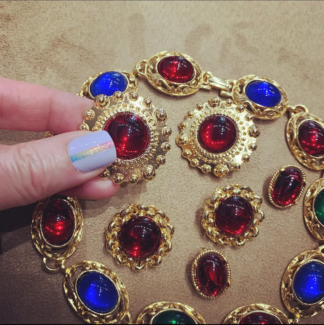 Large red and gold vintage glass clip on earrings beaded dot trim