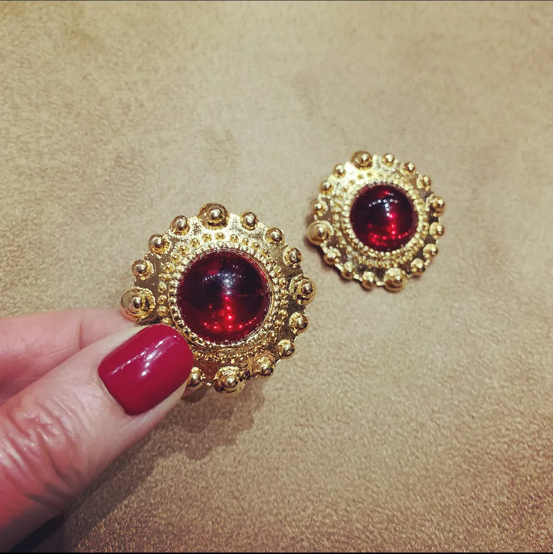 Large red and gold vintage glass clip on earrings beaded dot trim