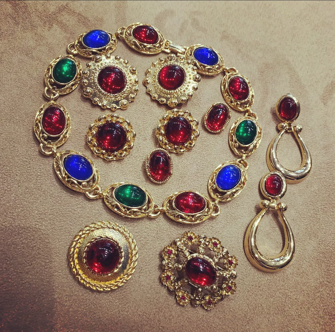 Large red and gold vintage glass clip on earrings beaded dot trim