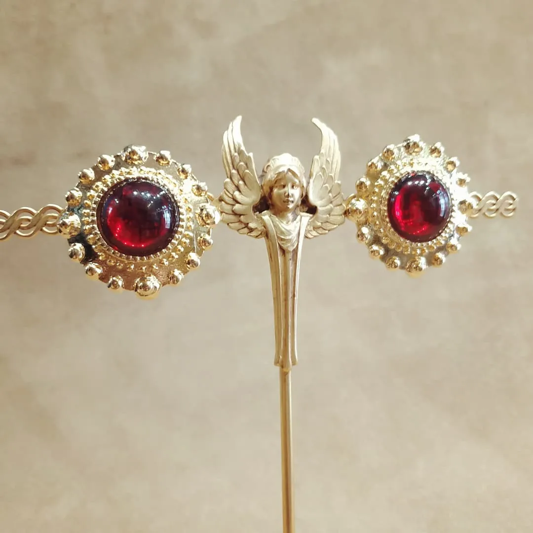 Large red and gold vintage glass clip on earrings beaded dot trim
