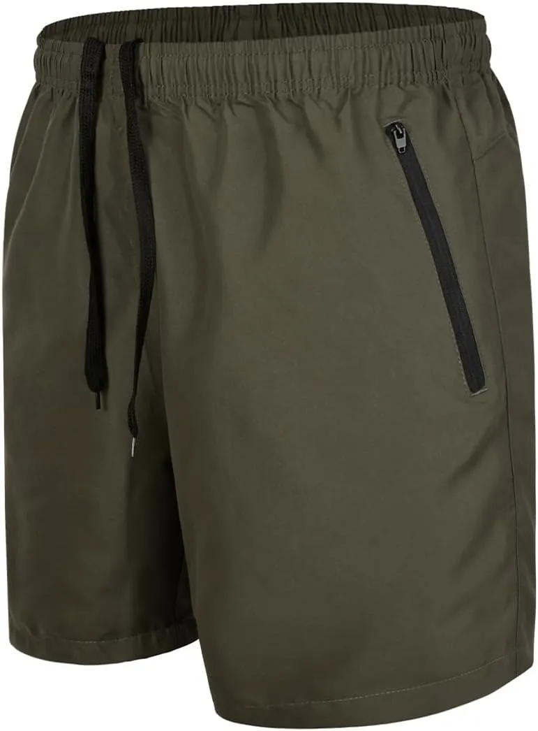 Men's Swim Trunks with Zipper Pockets and Mesh Lining,Beach Shorts with Drawstring Quick Dry Swim Shorts, Solid Beach Shorts