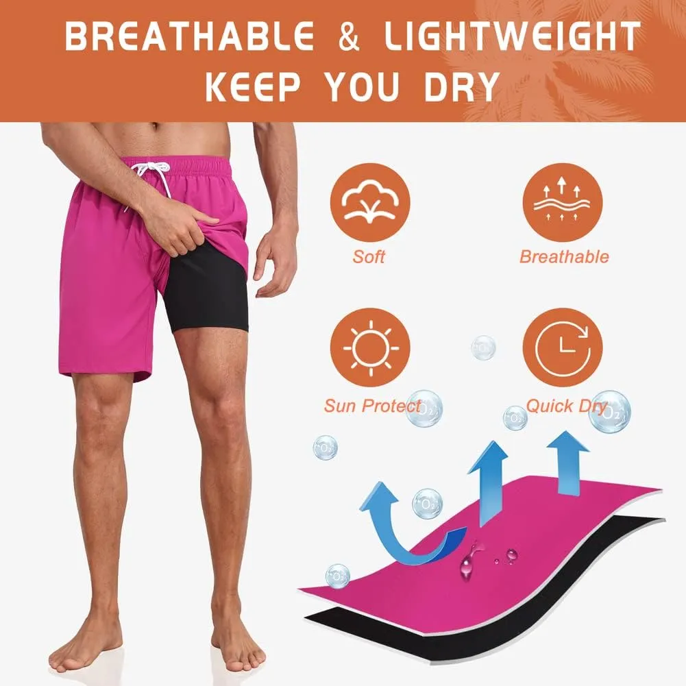 Nonwe Mens Swim Trunks with Compression Liner Quick Dry Hawaiian Bathing Suits 2 in 1 Board Shorts with Pockets