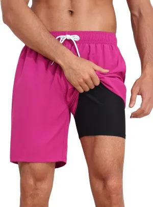 Nonwe Mens Swim Trunks with Compression Liner Quick Dry Hawaiian Bathing Suits 2 in 1 Board Shorts with Pockets
