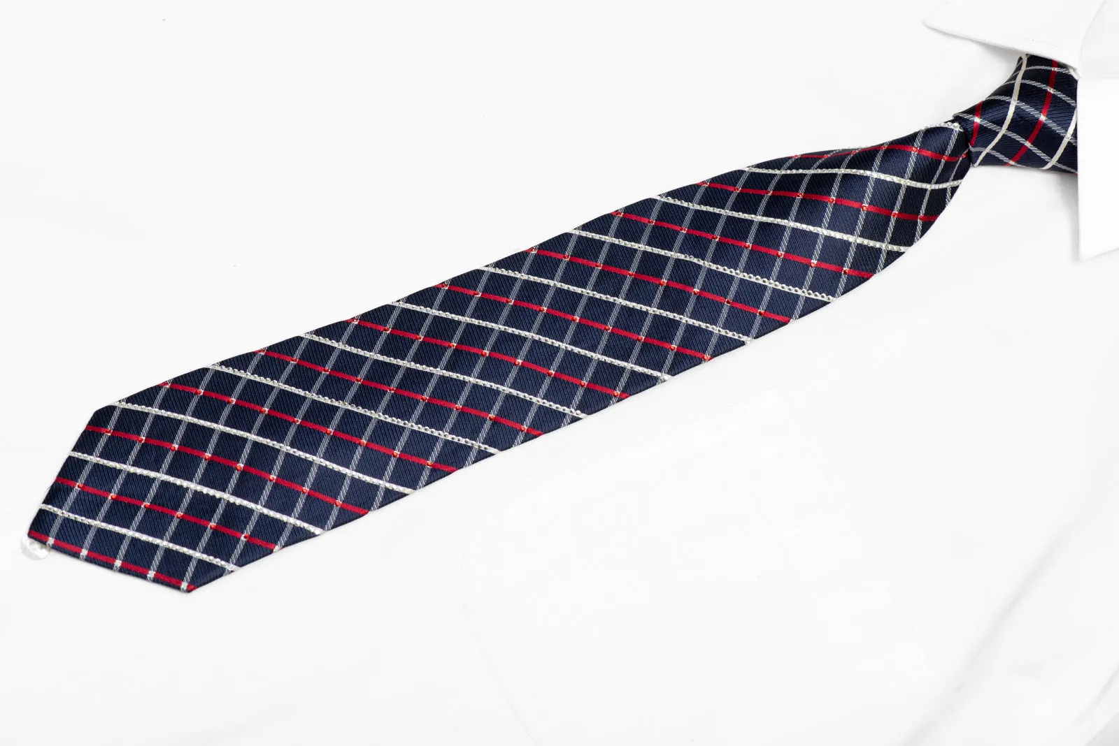 Red Silver Striped On Navy Rhinestone Silk Necktie