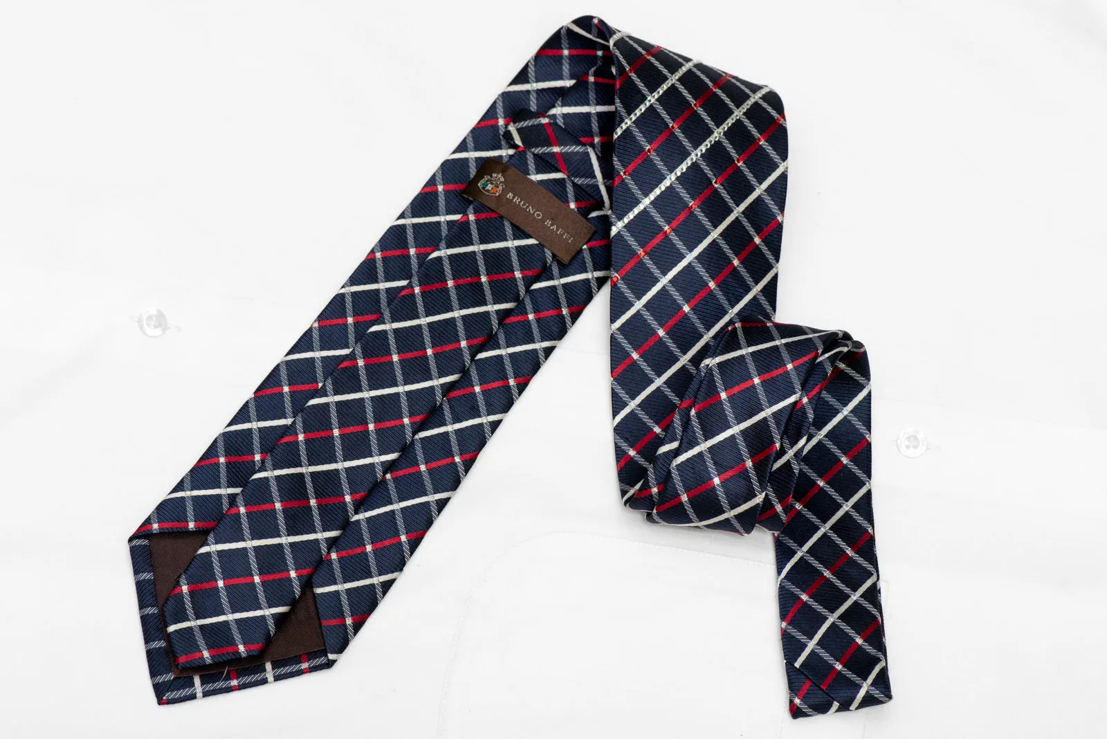 Red Silver Striped On Navy Rhinestone Silk Necktie