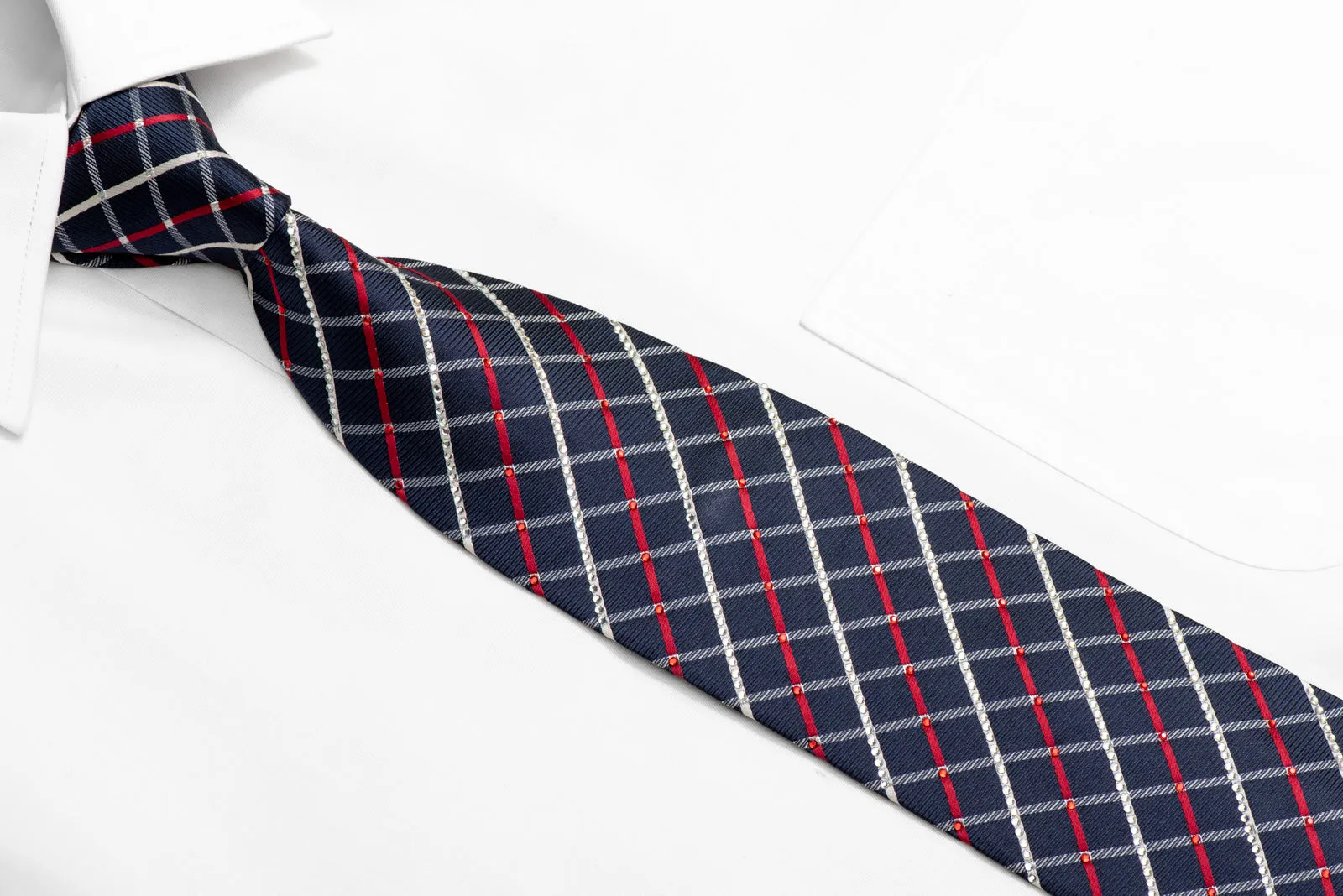 Red Silver Striped On Navy Rhinestone Silk Necktie