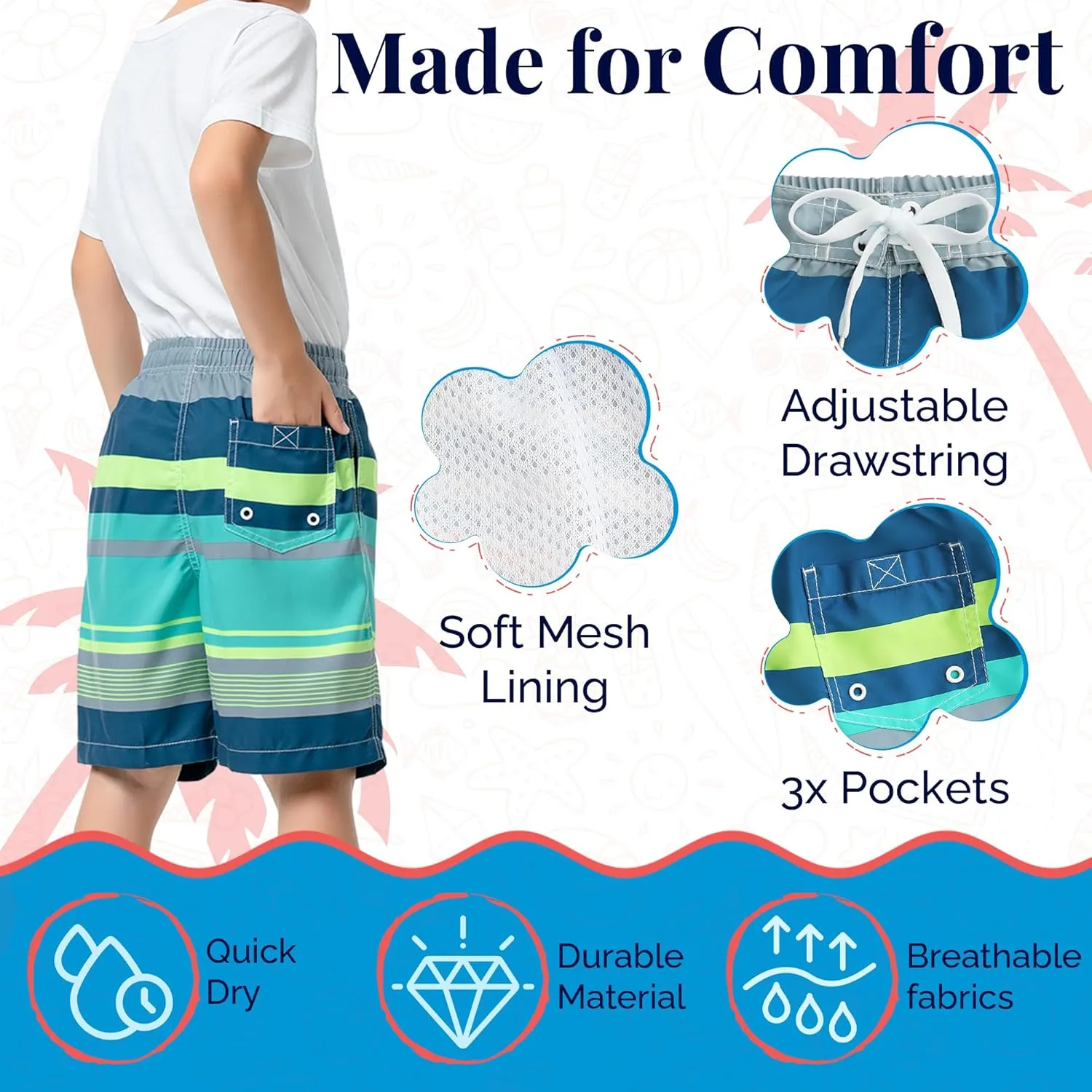 SIX ISLANDS Boys Swim Trunks - Quick-Dry, Comfortable, Ages 5/6 to 18/20 - Fun Patterns, Durable Design Boys Bathing Suit