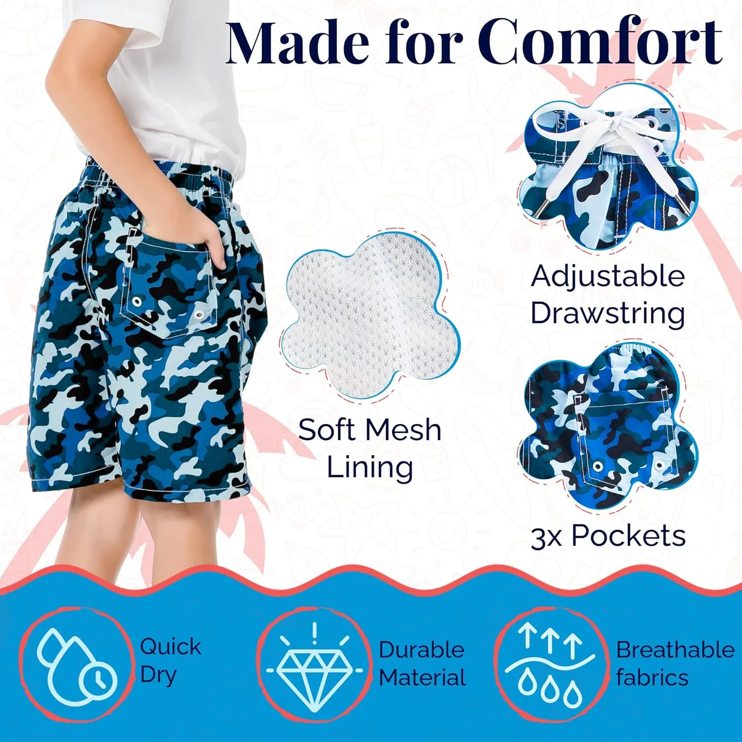 SIX ISLANDS Boys Swim Trunks - Quick-Dry, Comfortable, Ages 5/6 to 18/20 - Fun Patterns, Durable Design Boys Bathing Suit