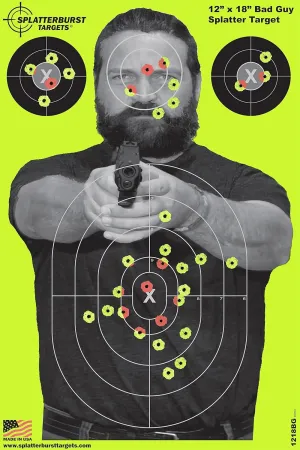 Splatterburst Targets - 12 x18 inch - Bad Guy Splatter Target - Easily See Your Shots Burst Bright Fluorescent Yellow Upon Impact - Made in The USA