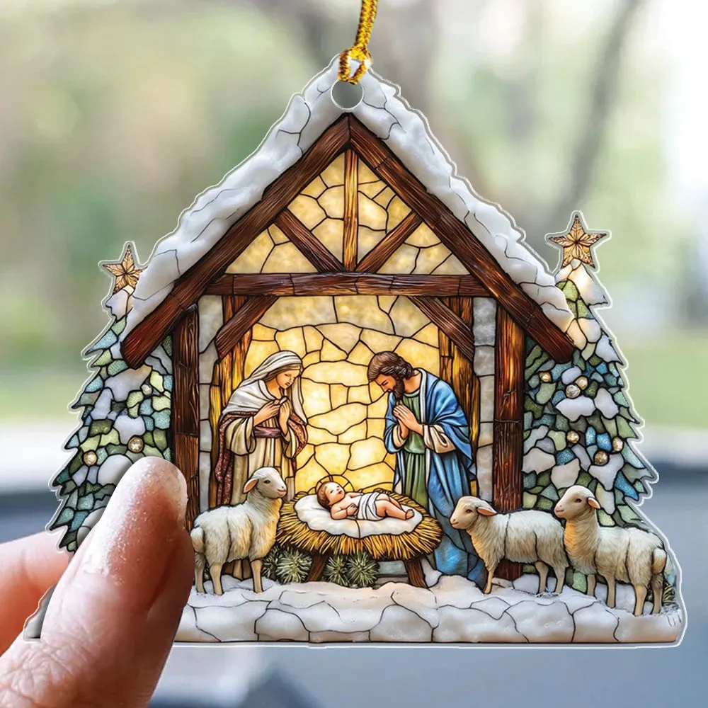 Teesdily | Nativity Scene Acrylic Ornament , Nativity Jesus Snowy House Christmas Ornament, Religious Jesus Lover Gift