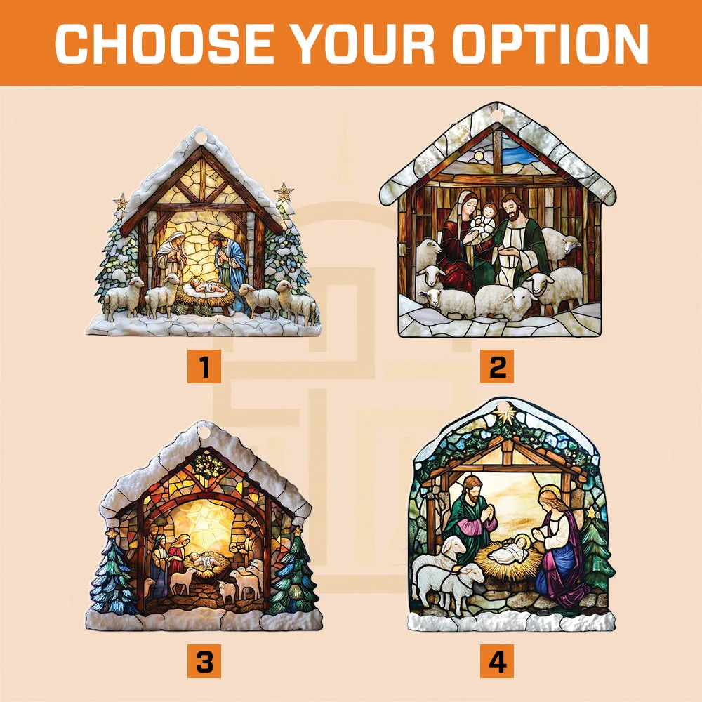 Teesdily | Nativity Scene Acrylic Ornament , Nativity Jesus Snowy House Christmas Ornament, Religious Jesus Lover Gift