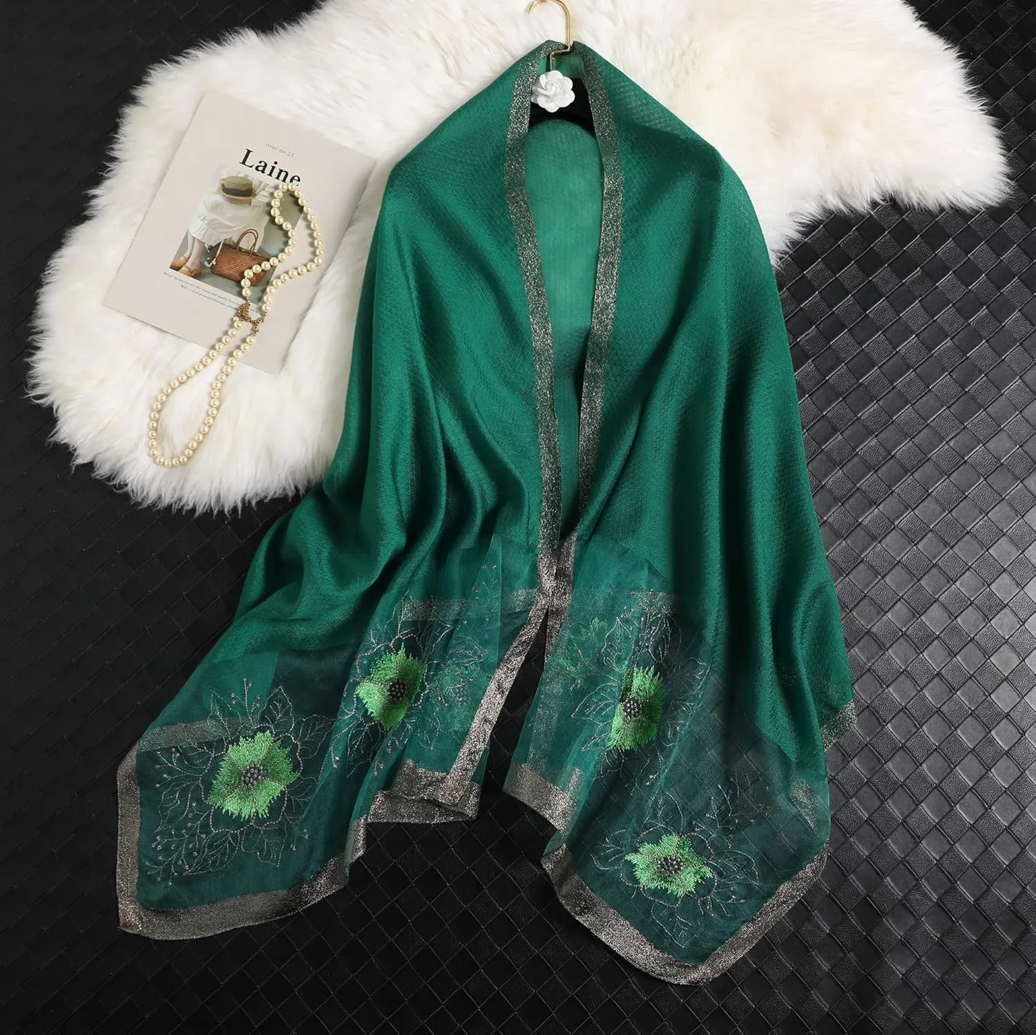WINCESS YU Women Mulberry Silk Scarf Long & Large Embroidered Floral Pattern Shawl and Wraps Neckerchief for Hair & Neck